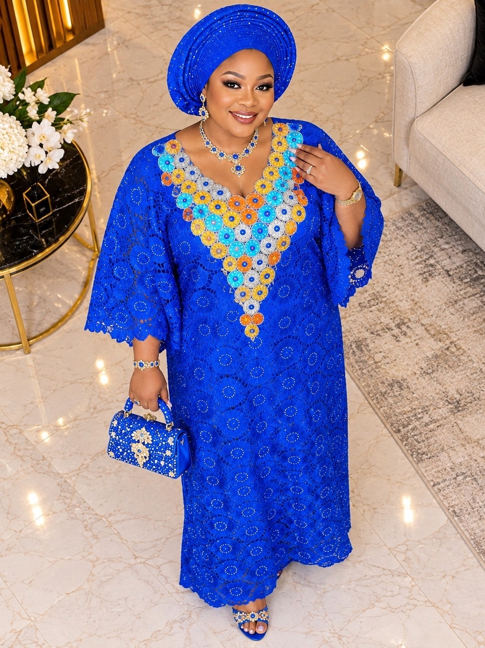 Cordlace Elegant Royal Blue Embroidered Maxi Dress with Multicolor Neck Detail